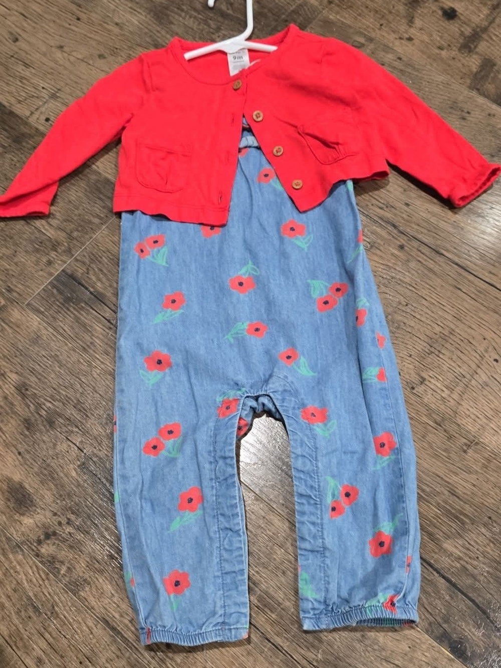 Carter's Red Cardigan and Blue Floral Romper Set Sz 9 Months - Picture 2 of 5